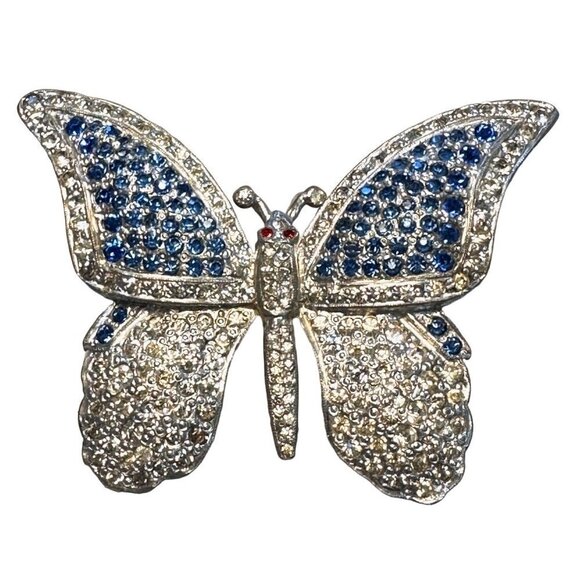 Antique Womans Brooch Blue Rhinestone Silver Pot Metal Butterfly Vintage - Picture 1 of 3